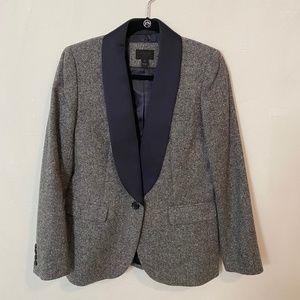 J Crew Grey Tweed Blazer with Navy Satin Collar, Size 6